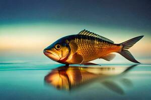 a fish is standing on the water with its reflection. AI-Generated photo