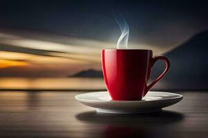 a red cup of coffee on a saucer with a view of the ocean. AI-Generated photo