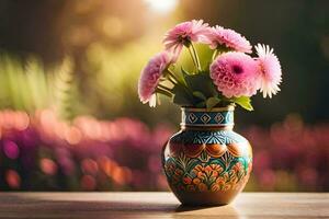 un florero con rosado flores sentado en un mesa. generado por ai foto