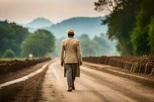 a man in a suit walks down a dirt road. AI-Generated photo