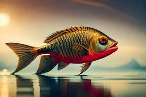 a fish is standing on the water with a sunset in the background. AI-Generated photo