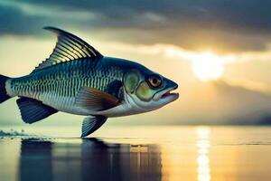 a fish is swimming in the water at sunset. AI-Generated photo