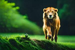 un león caminando a través de un verde campo. generado por ai foto