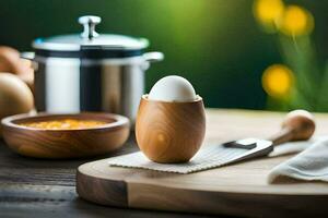 an egg is sitting on a cutting board next to a pot and a knife. AI-Generated photo