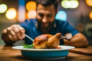 a man is eating a chicken on a plate. AI-Generated photo