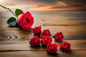 red roses on a wooden table with a sunset in the background. AI-Generated photo