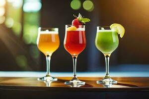 three different drinks in glasses on a table. AI-Generated photo