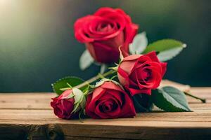 three red roses on a wooden table. AI-Generated photo