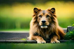 a lion sitting on a bench in the grass. AI-Generated photo