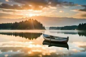 un barco se sienta en el agua a amanecer. generado por ai foto