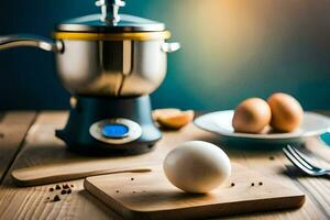 an egg on a cutting board next to a blender. AI-Generated photo