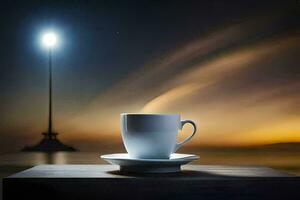 a cup of coffee on a table with a lighthouse in the background. AI-Generated photo