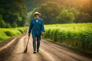 un antiguo hombre caminando abajo un suciedad la carretera con un rastrillo. generado por ai foto