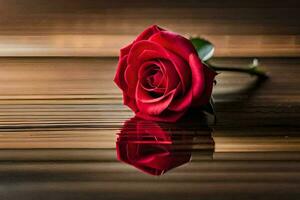 a single red rose on a wooden surface. AI-Generated photo
