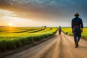 two men walking down a dirt road in a field. AI-Generated photo