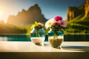 two vases with flowers sitting on a table in front of a pool. AI-Generated photo