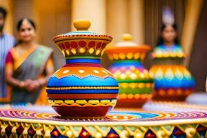 a colorful pot with a woman standing next to it. AI-Generated photo