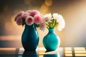two blue vases with pink flowers on a table. AI-Generated photo