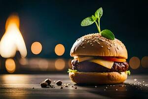 a hamburger with cheese and lettuce on a wooden table. AI-Generated photo