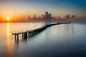 a long pier stretches out into the ocean at sunset. AI-Generated photo