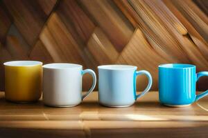 four different colored mugs on a wooden table. AI-Generated photo