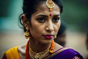 a woman in a traditional sari with gold jewelry. AI-Generated photo