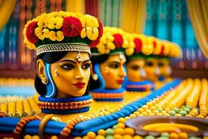 a group of colorful statues of goddesses. AI-Generated photo