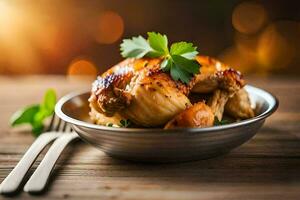 a chicken in a bowl with parsley on a wooden table. AI-Generated photo