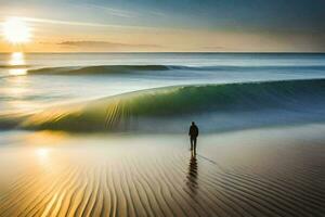 un hombre en pie en el playa a puesta de sol. generado por ai foto