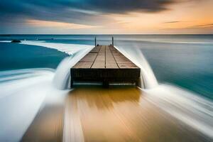 a long exposure photograph of a dock in the ocean. AI-Generated photo