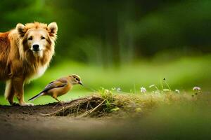 un perro y un pájaro en el bosque. generado por ai foto