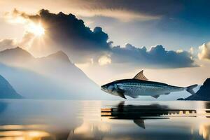 a fish is floating in the water with mountains in the background. AI-Generated photo