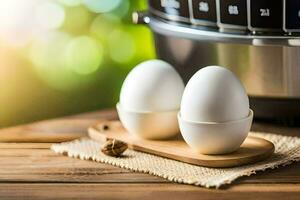 two eggs on a wooden tray next to an instant pot. AI-Generated photo