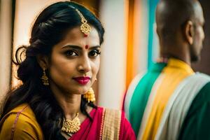 a beautiful indian bride in a traditional sari. AI-Generated photo