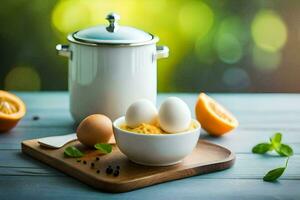 eggs in a bowl with orange slices and spices. AI-Generated photo