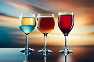 three glasses of wine with different colors. AI-Generated photo