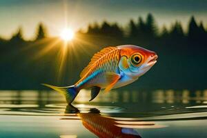 a fish is swimming in the water at sunset. AI-Generated photo