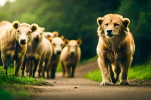 a lion walking in front of a herd of cows. AI-Generated photo