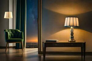 a lamp is sitting on a table next to a chair. AI-Generated photo