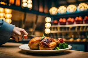 a person is holding a knife and fork over a chicken on a plate. AI-Generated photo