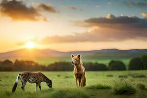 a horse and zebra in a field at sunset. AI-Generated photo