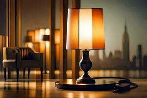 a lamp is sitting on a table in front of a cityscape. AI-Generated photo