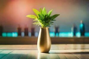 a golden vase with a plant in it. AI-Generated photo