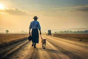 un hombre caminando su perro en un suciedad la carretera. generado por ai foto