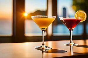 two cocktails sit on a table with the sun setting behind them. AI-Generated photo
