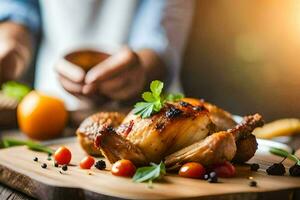 a woman is holding a chicken on a cutting board. AI-Generated photo