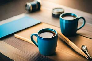 two cups of coffee on a wooden table. AI-Generated photo