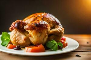 un asado pollo en un plato con Tomates. generado por ai foto