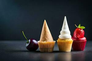 three ice cream cones with cherries and strawberries. AI-Generated photo