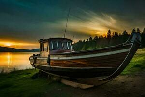 un barco se sienta en el apuntalar a puesta de sol. generado por ai foto